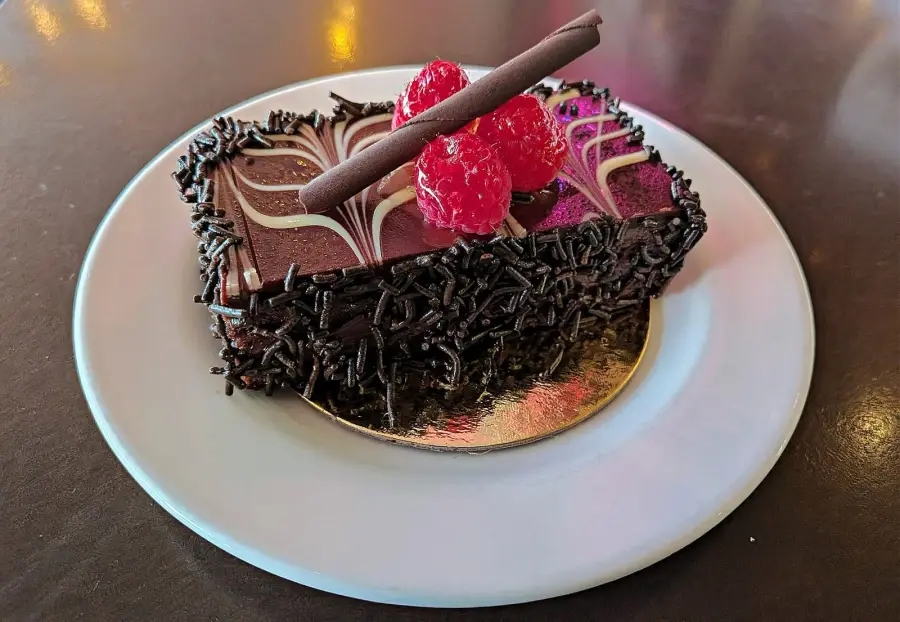 A slice of dark chocolate gateau topped with fresh raspberries