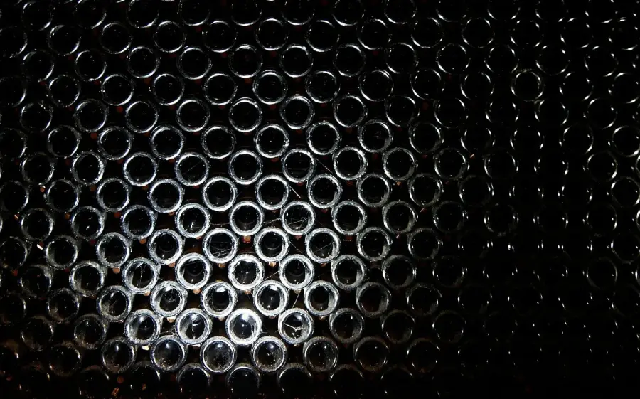 The undersides of hundreds of dark wine bottles stacked on their sides in a dimly lit Burgundy cellar, cobwebs stretched between the punts