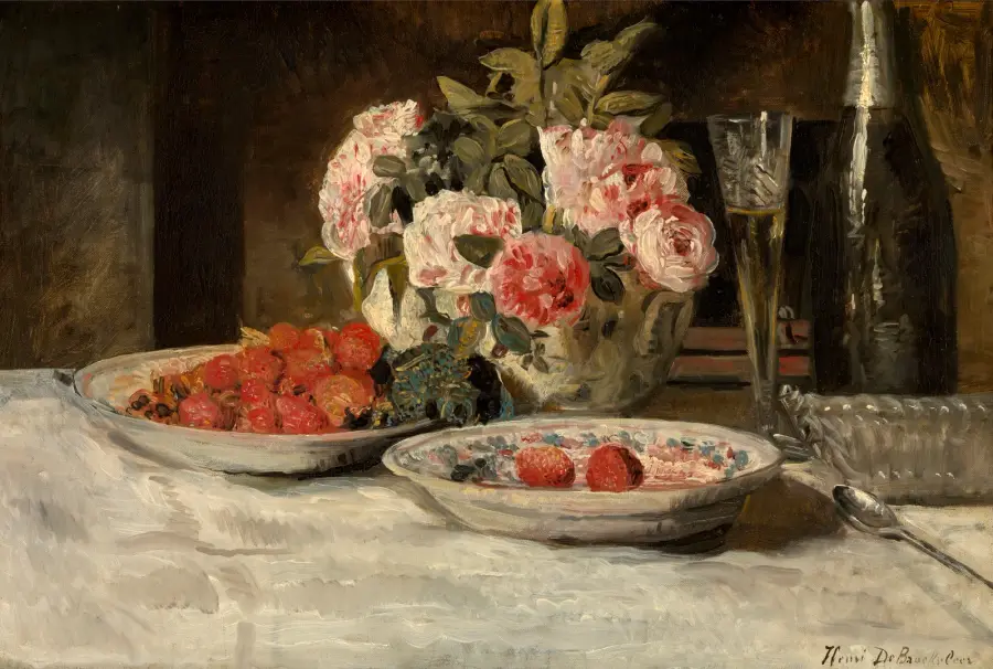 Henri de Braekeleer's 1883 oil painting of a table with strawberries in porcelain bowls, a vase of pink roses, a flute of Champagne and a dark bottle