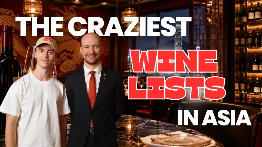 Antoine in a Wine Makers Show cap and Jean-Baptiste Copot in a suit and red tie, smiling in a Hong Kong restaurant, with the text The craziest wine lists in Asia