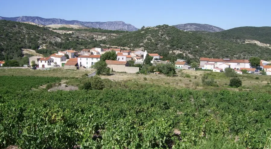 The small village of Lansac in the Pyrénées-Orientales, white houses with red roofs below scrubby hills, with vines in the foreground