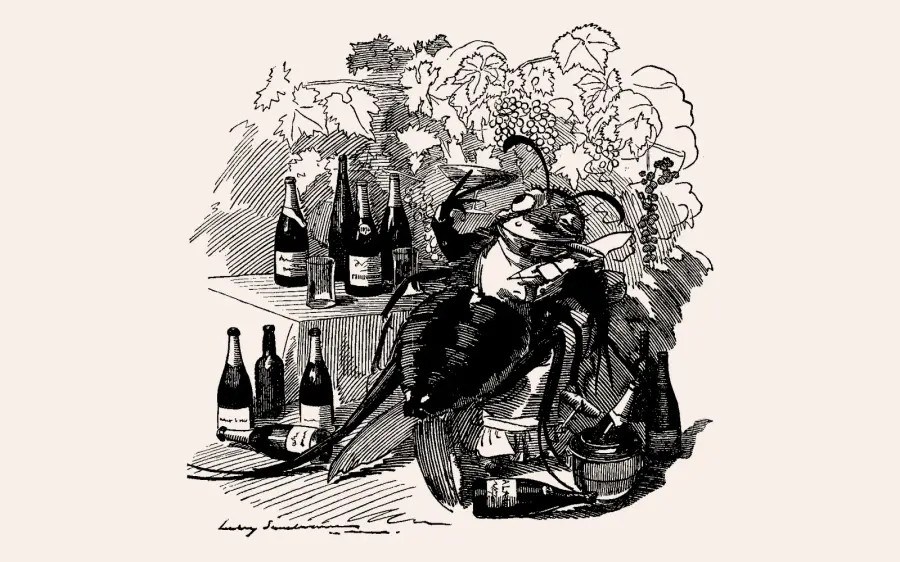 Edward Linley Sambourne's 1890 Punch cartoon of the phylloxera insect as a well-fed gourmet, surrounded by wine bottles and vine leaves