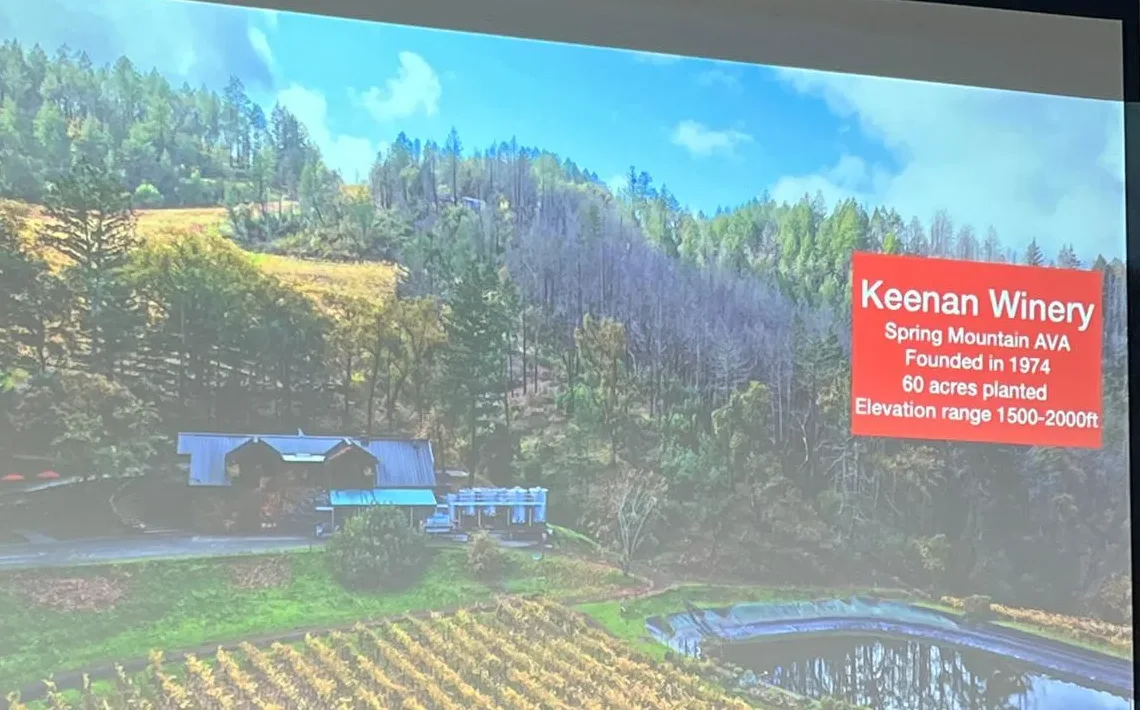 Aerial view of the Keenan Winery estate on Spring Mountain in Napa Valley, with a caption noting it was founded in 1974