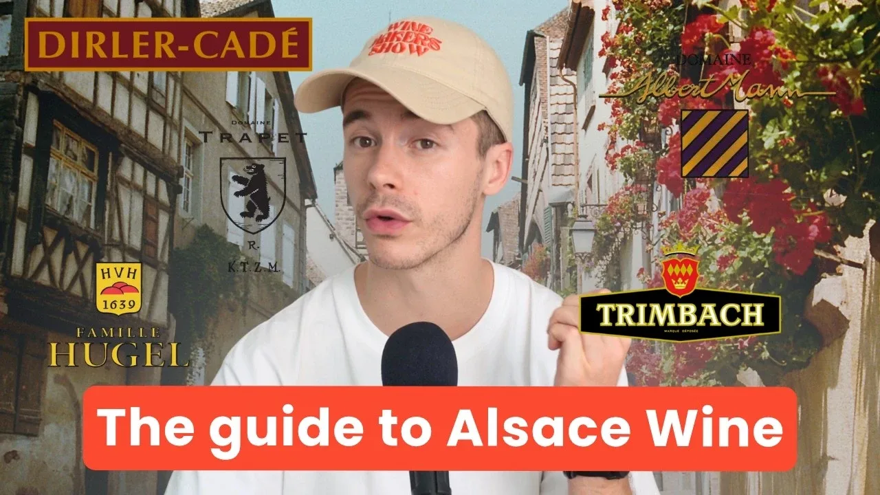 Guide to Alsace wine: a half-timbered Route des Vins village framed by famous Alsace producer labels