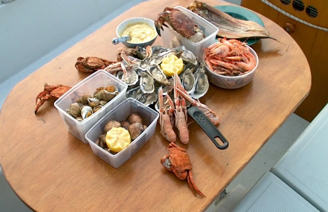 A cold seafood spread laid out on a boat's wooden table: shucked oysters, langoustines, pink prawns, whelks, crabs, lemon halves and a bowl of mayonnaise