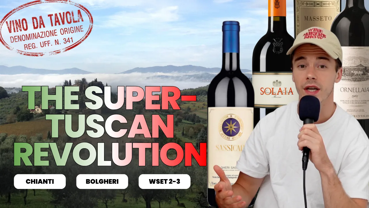 Wine Makers Show host holding a microphone beside bottles of Sassicaia, Solaia, Masseto and Ornellaia over a Tuscan landscape, with a red Vino da Tavola stamp