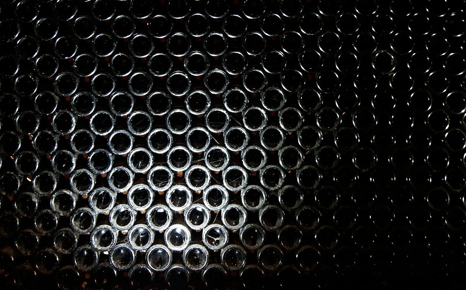 Les culs de centaines de bouteilles sombres empilées sur le flanc dans une cave bourguignonne peu éclairée, avec des toiles d'araignée entre les bouteilles