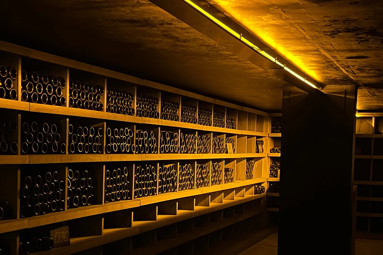 Racks of Champagne bottles ageing on their lees in the dimly lit cellar at Rare Champagne in Reims, a chalk board marking the 1976 vintage on the lowest shelf