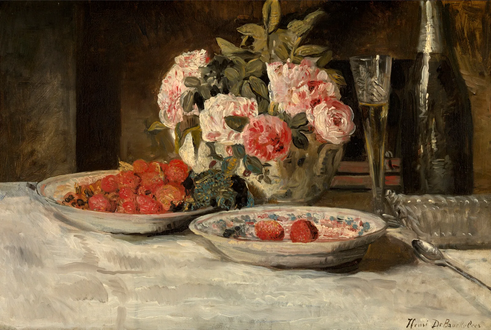 Henri de Braekeleer's 1883 oil painting of a table with strawberries in porcelain bowls, a vase of pink roses, a flute of Champagne and a dark bottle