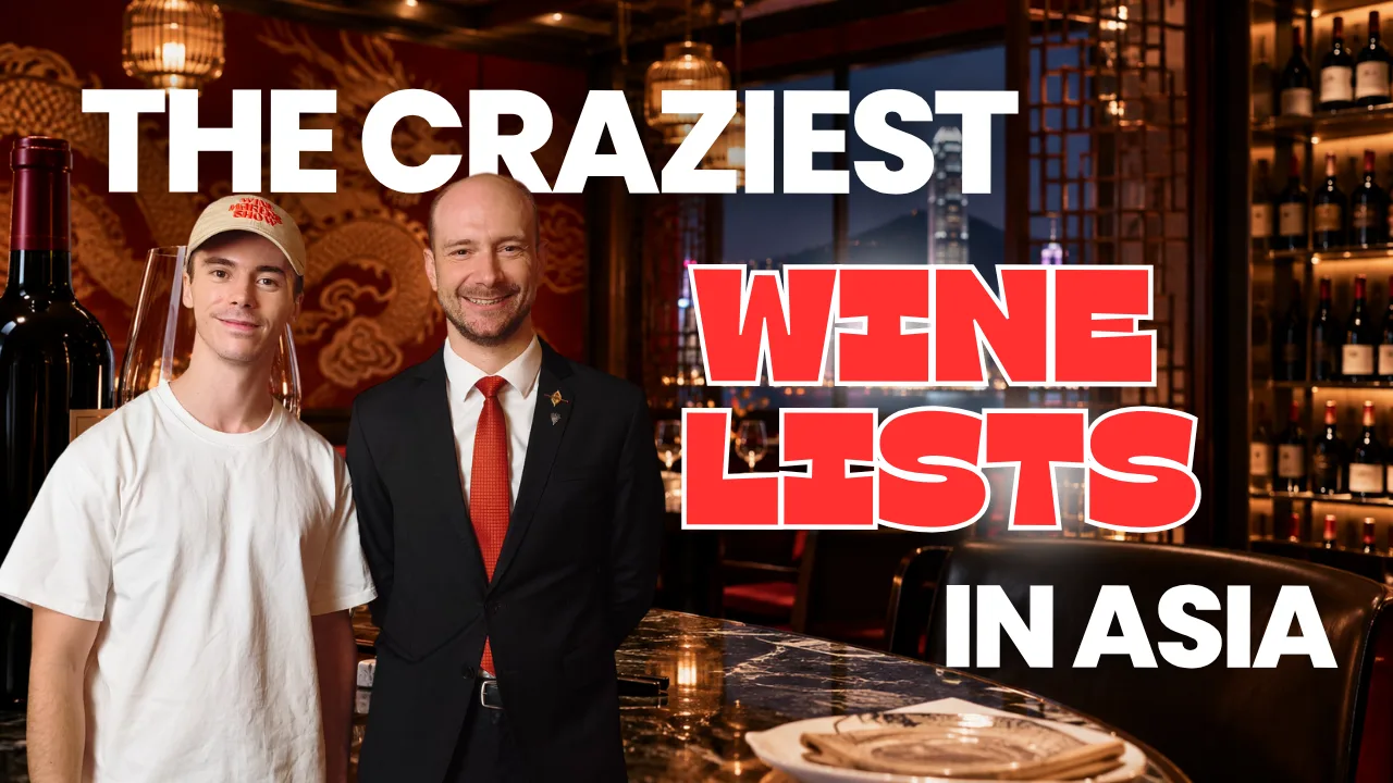 Antoine in a Wine Makers Show cap and Jean-Baptiste Copot in a suit and red tie, smiling in a Hong Kong restaurant, with the text The craziest wine lists in Asia