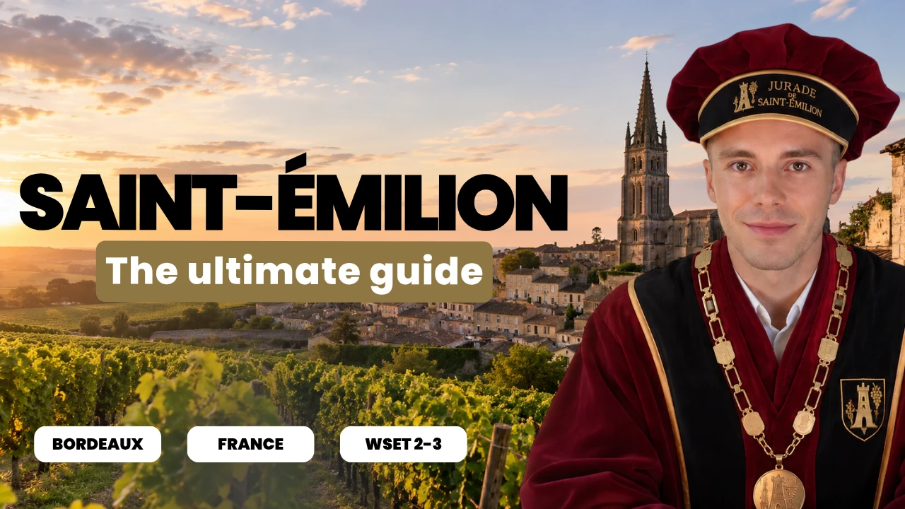 Antoine in the red and gold robes of the Jurade de Saint-Émilion, with the village bell tower and vineyards behind
