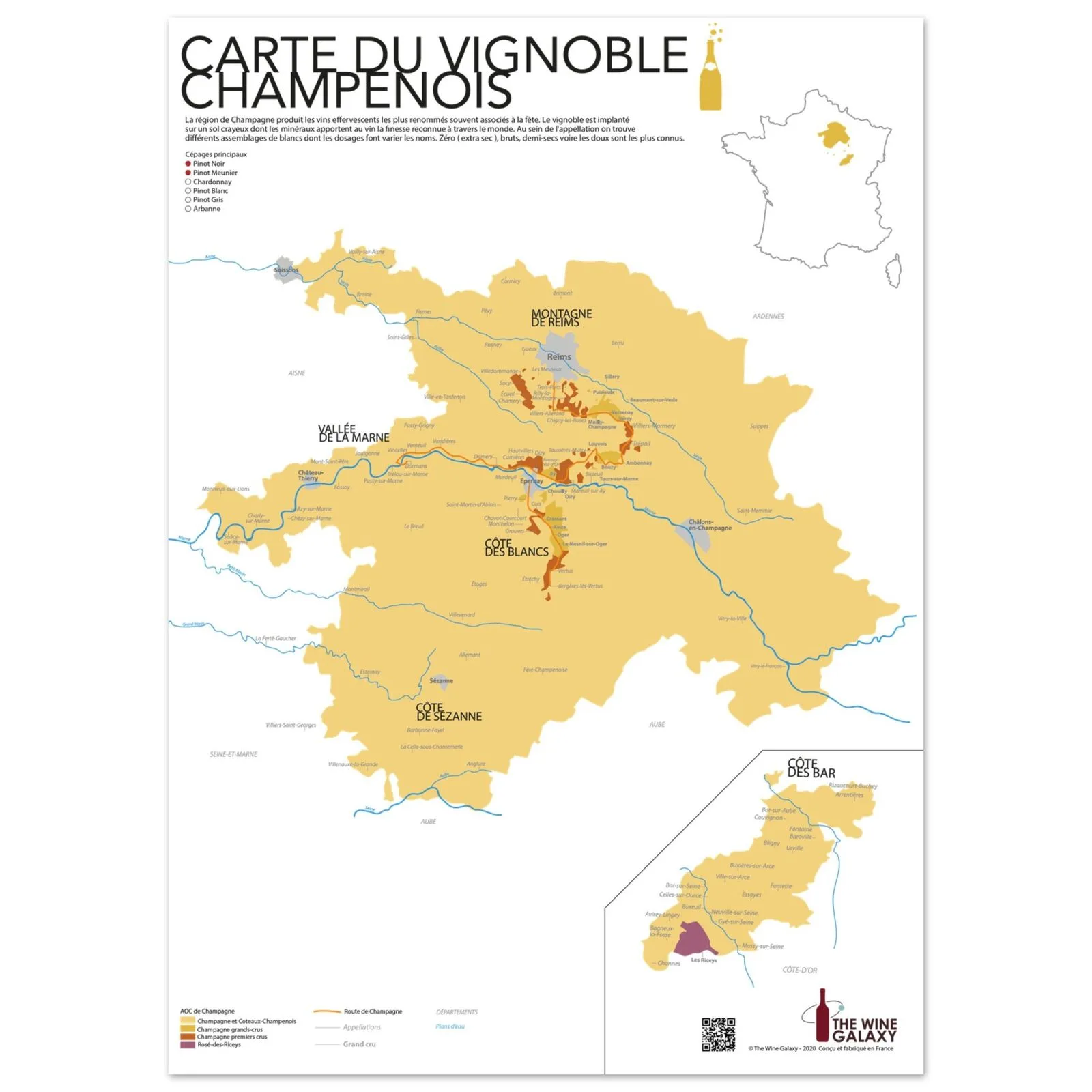Champagne wine map poster showing the growing areas, villages and crus of Champagne