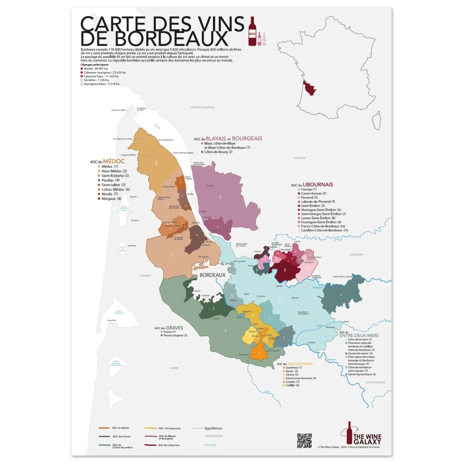 Bordeaux wine map poster showing the Left Bank and Right Bank appellations with their grape varieties