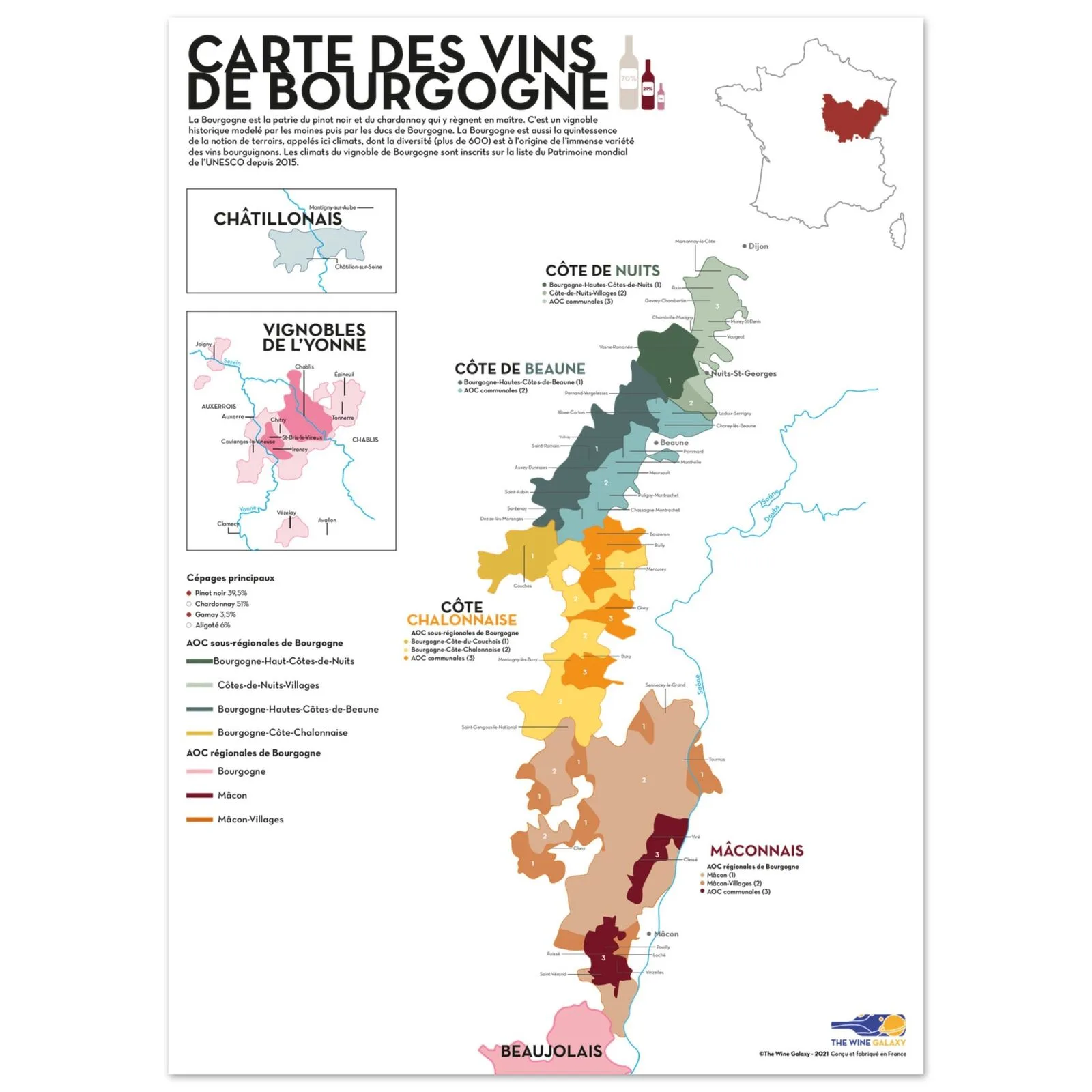 Burgundy wine map poster showing the climats and Grand Cru villages from Chablis to the Mâconnais