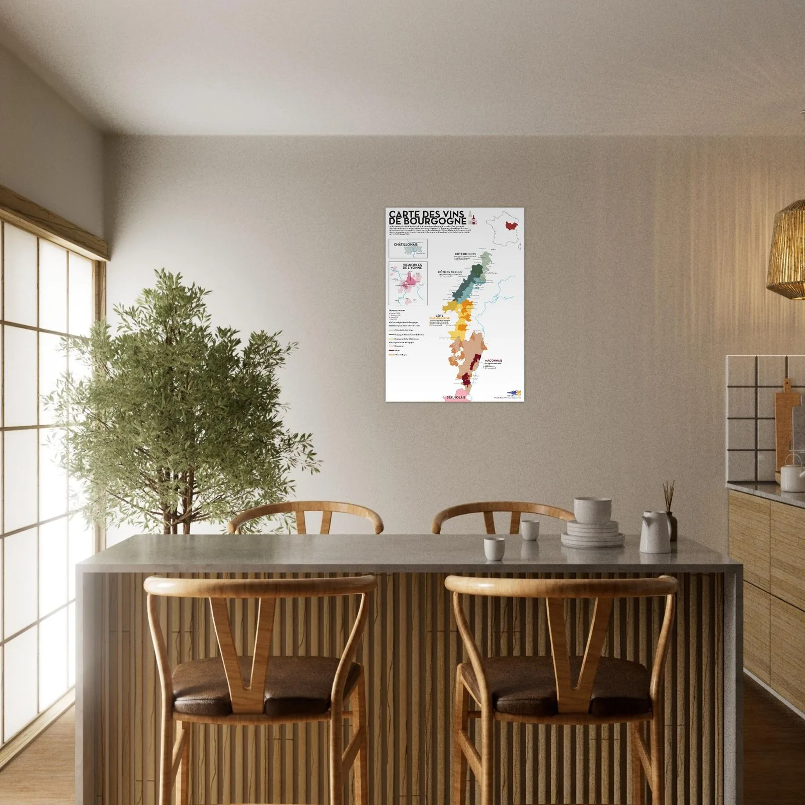 The Burgundy wine map framed above a dining table