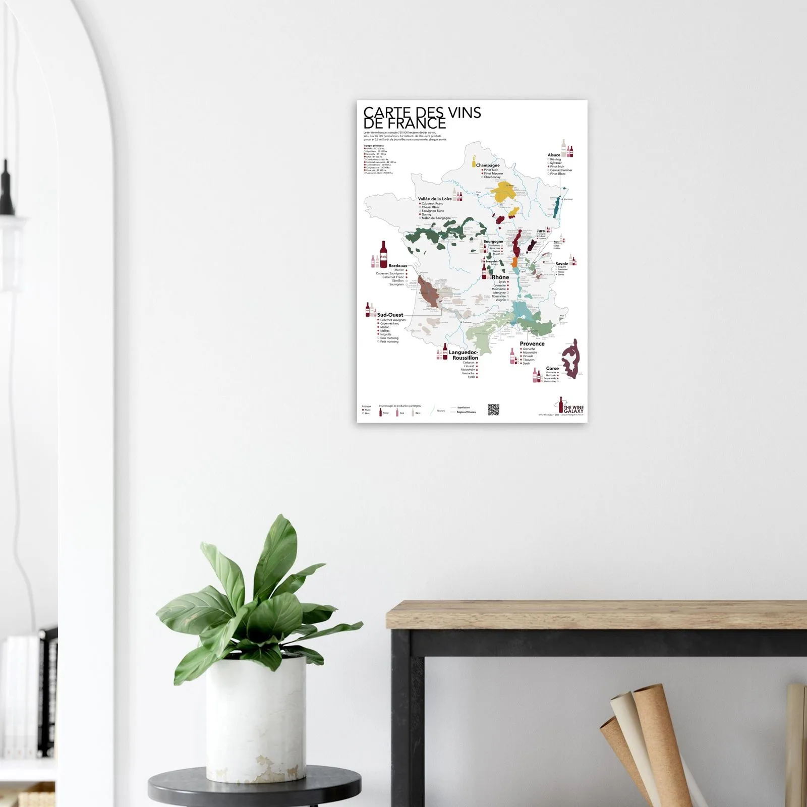 The French wine map on the wall of an entryway