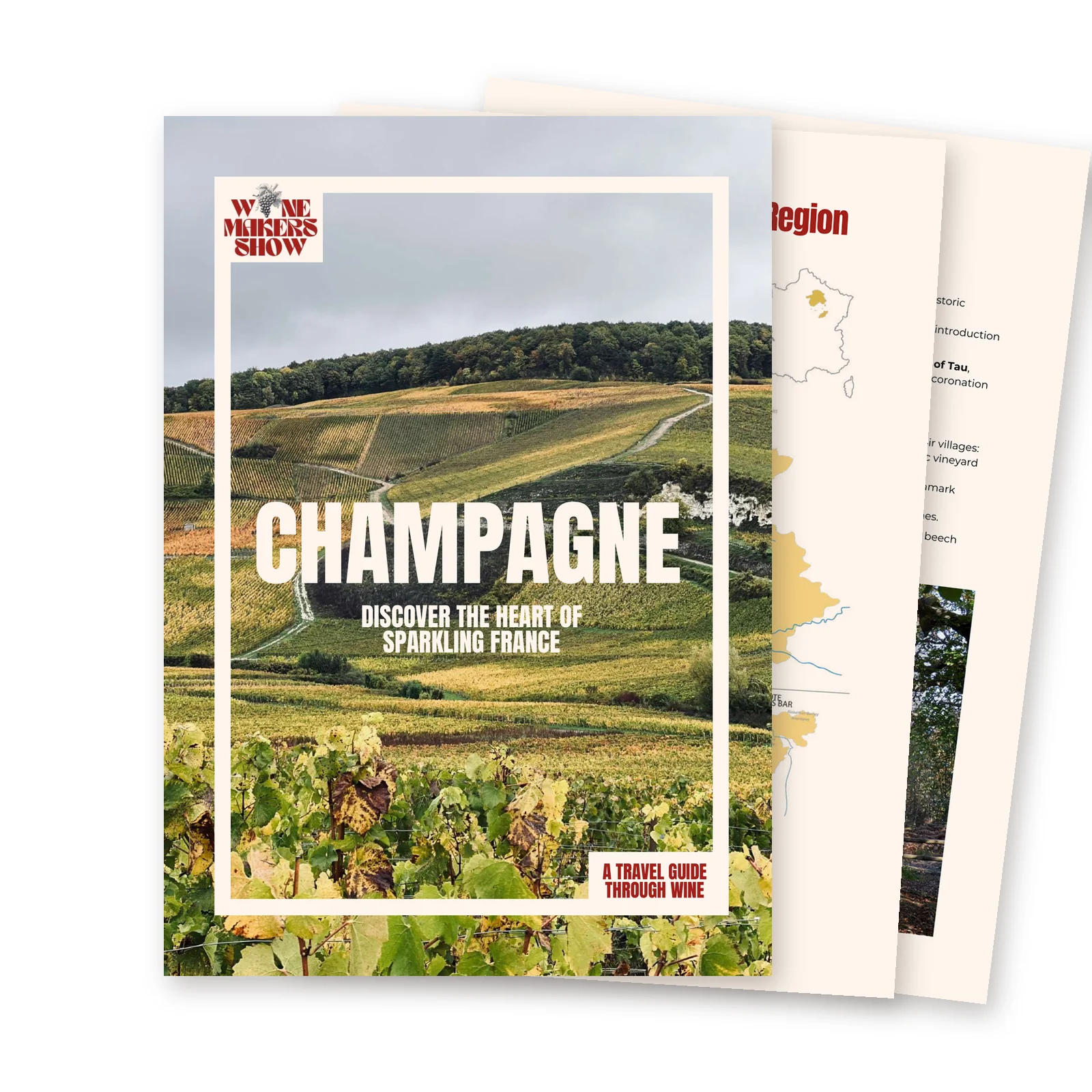 Cover of the Wine Makers Show Champagne travel guide, with its map and itinerary pages fanned out behind it