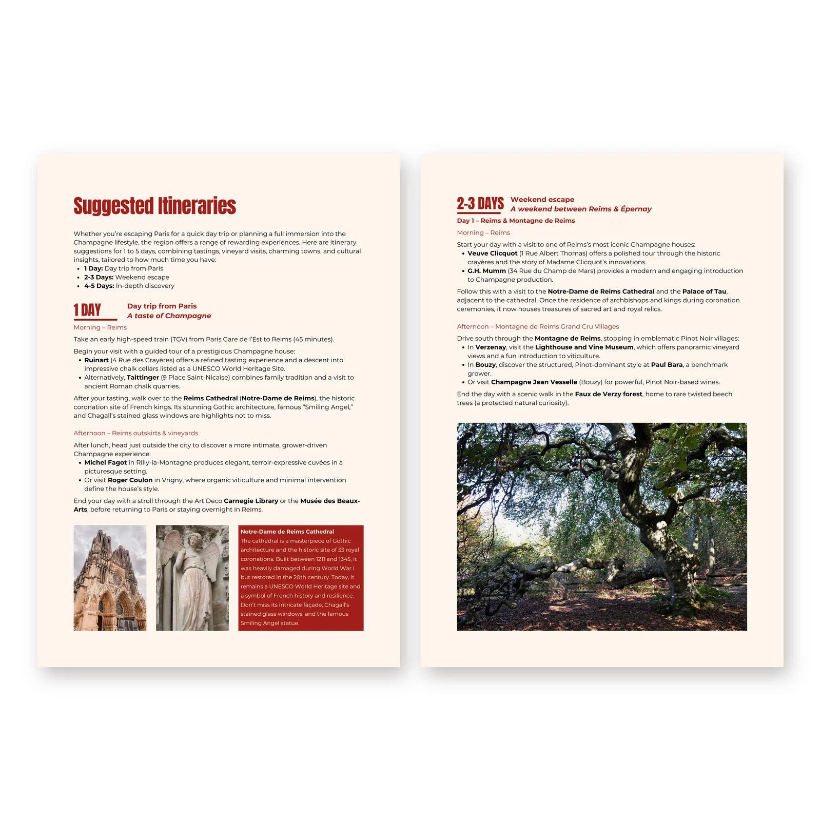 Two pages of the guide: the suggested itineraries and the weekend between Reims and Épernay