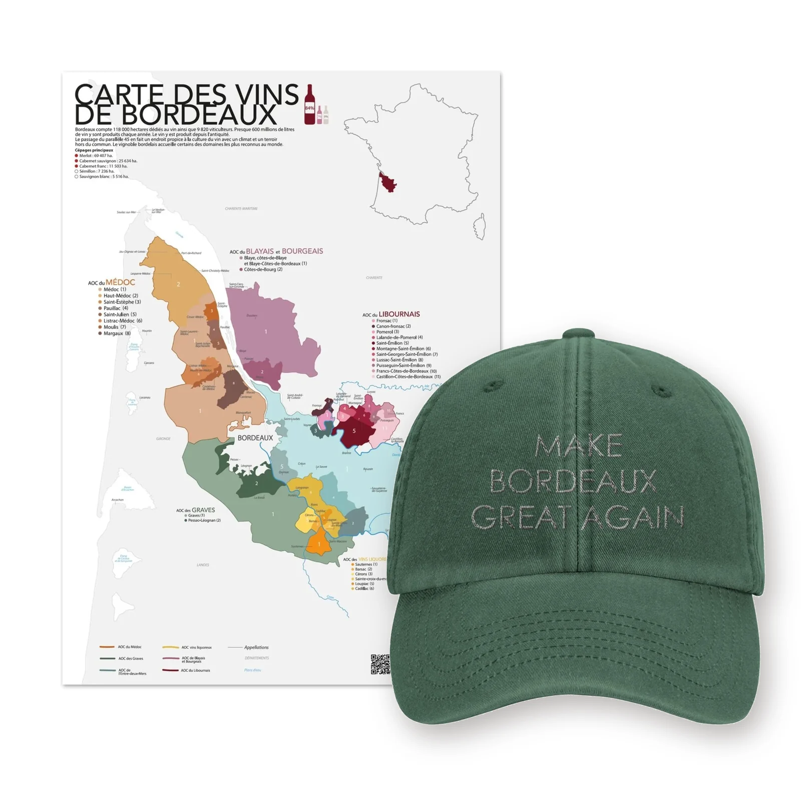 The Bordeaux wine map poster with the Make Bordeaux Great Again cap in front of it