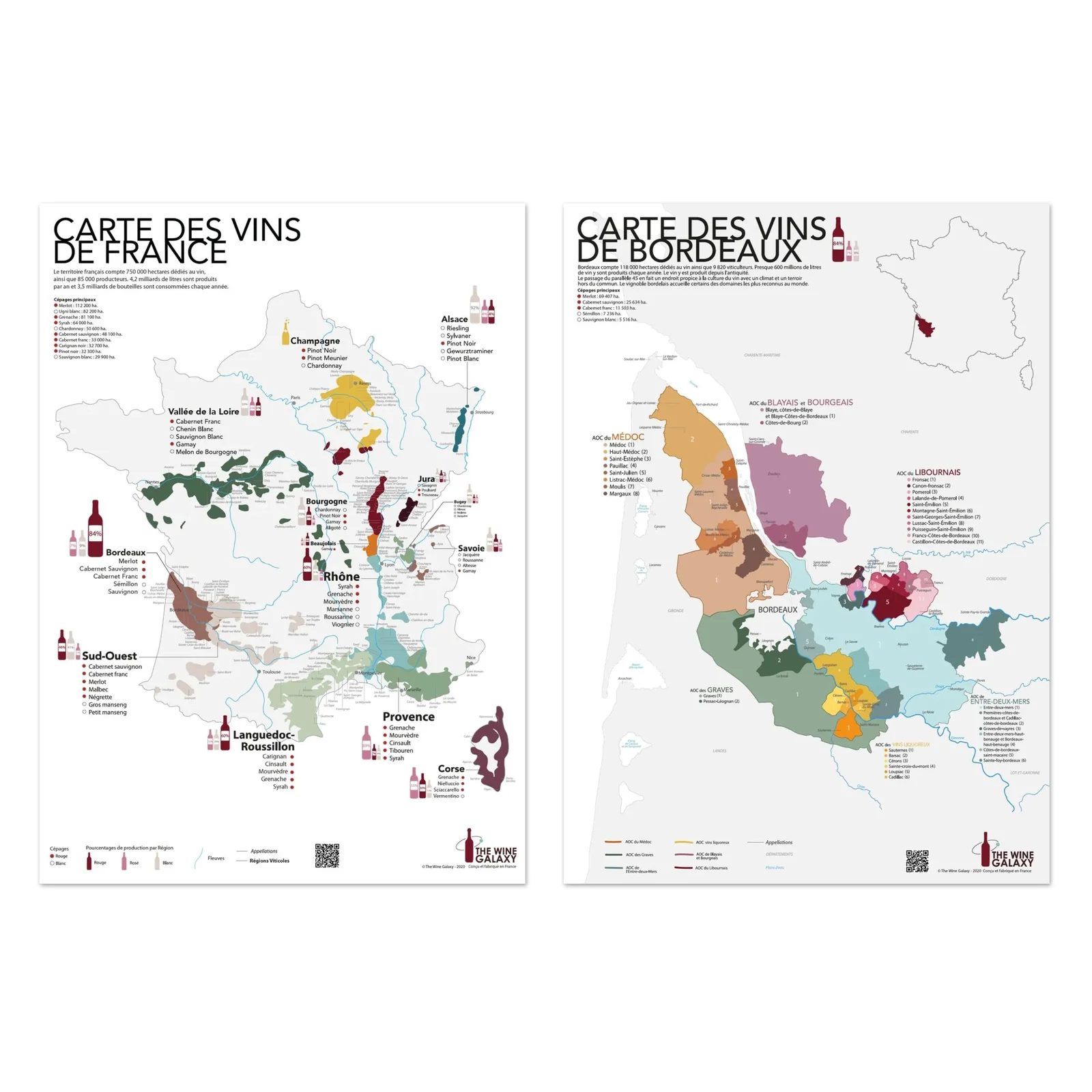 The French wine map and the Bordeaux wine map posters side by side