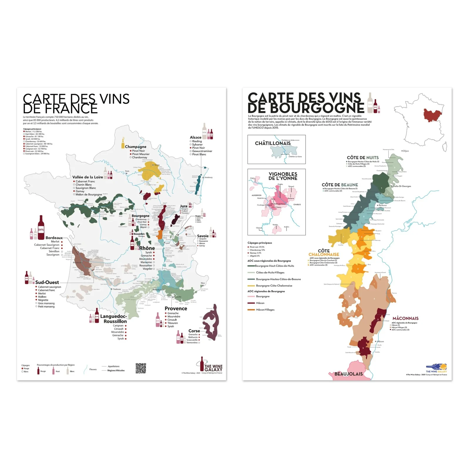 The French wine map and the Burgundy wine map posters side by side