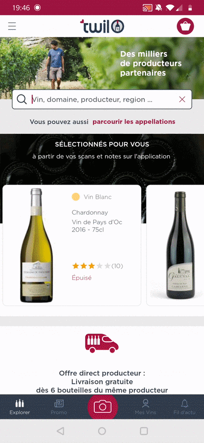 Recherche bouteille de vin sur l'application TWIL