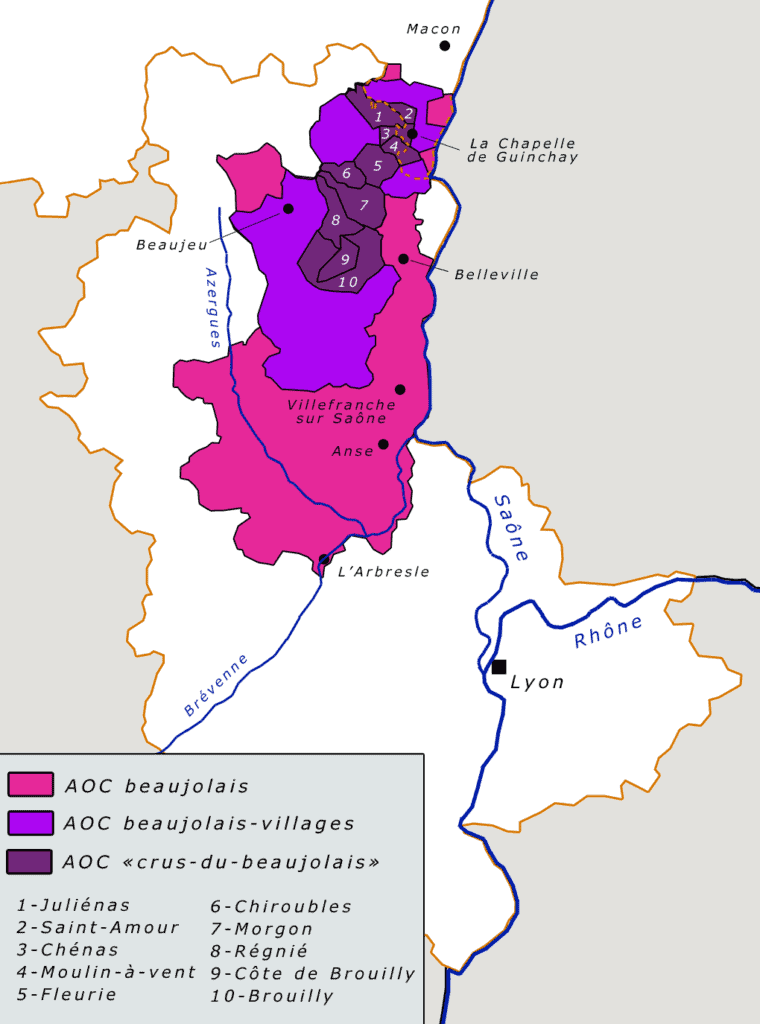 Carte du vignoble du Beaujolais Nouveau